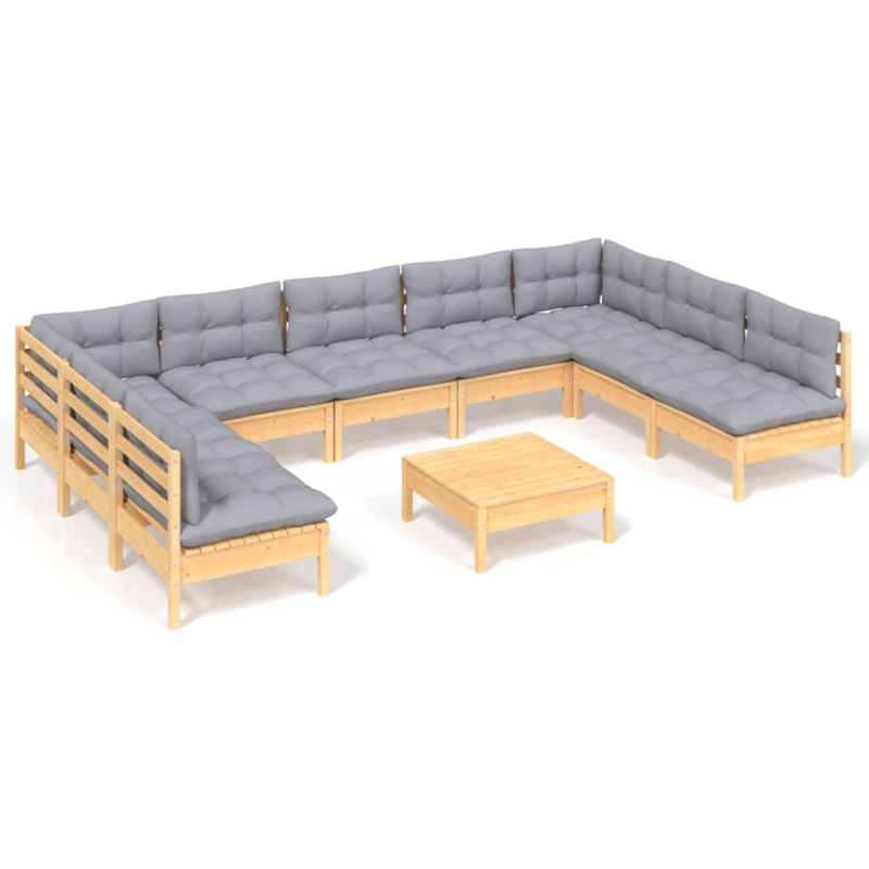 10-tlg. Garten-Lounge-Set mit Grauen Kissen Kiefer Massivholz