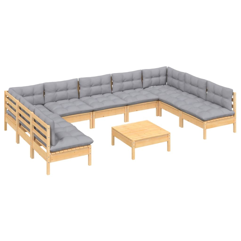 10-tlg. Garten-Lounge-Set mit Grauen Kissen Kiefer Massivholz