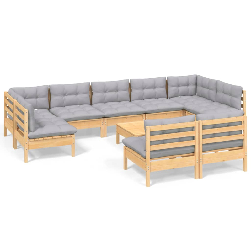10-tlg. Garten-Lounge-Set mit Grauen Kissen Kiefer Massivholz
