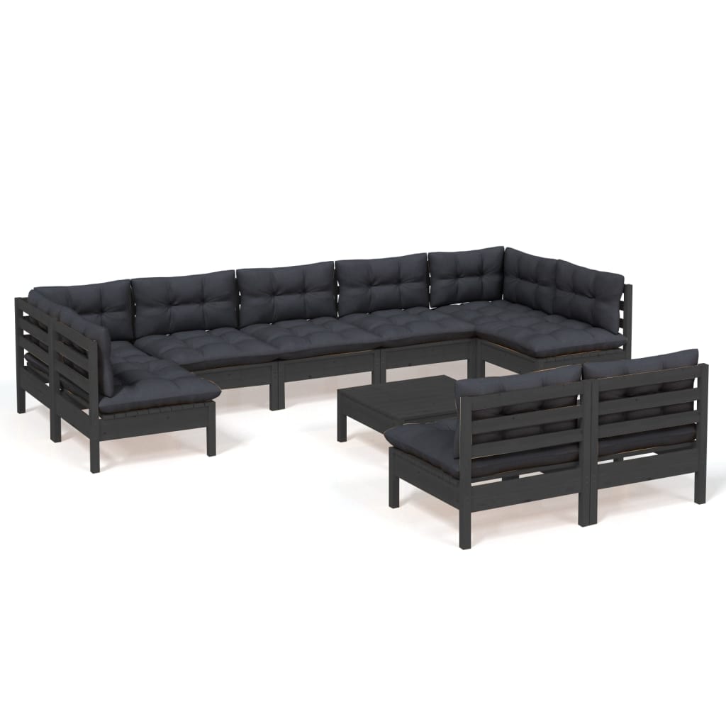 10-tlg. Garten-Lounge-Set mit Kissen Schwarz Massivholz Kiefer