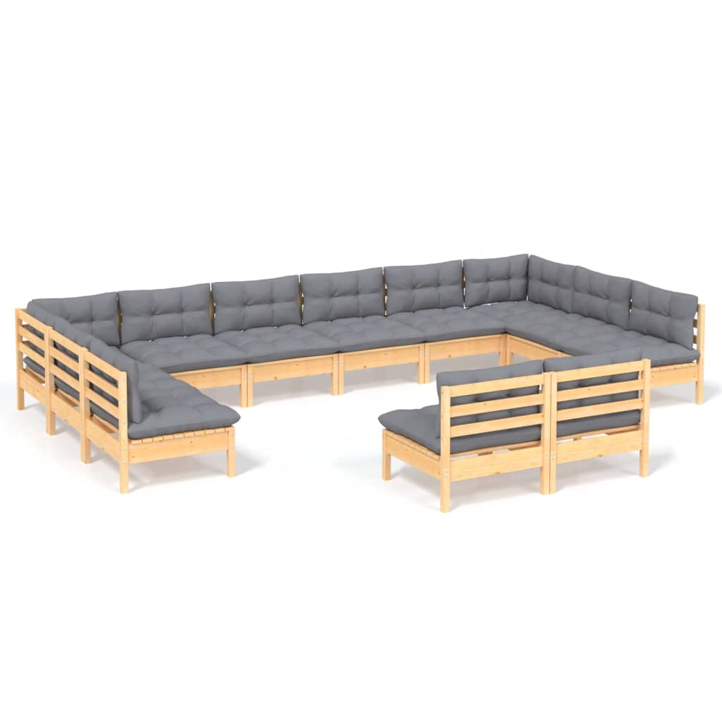 12-tlg. Garten-Lounge-Set mit Grauen Kissen Kiefer Massivholz