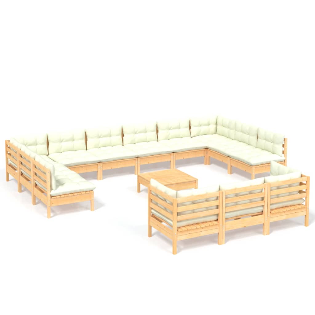 14-tlg. Garten-Lounge-Set mit Creme Kissen Kiefernholz