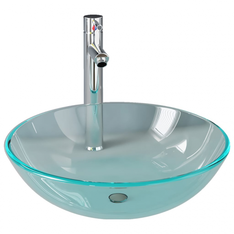 Waschbecken mit Wasserhahn und Ablaufgarnitur aus gehärtetem