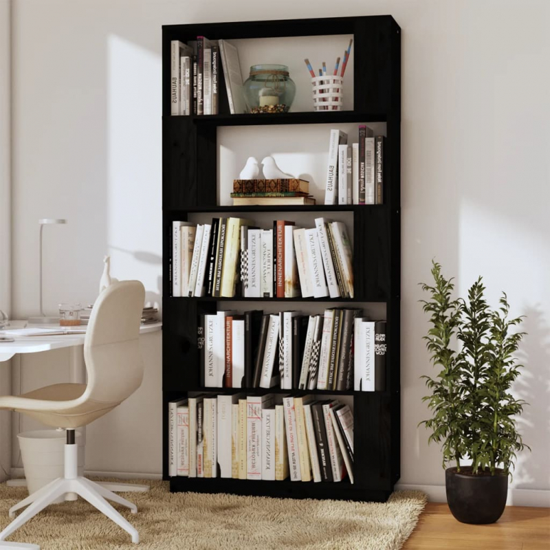 Bücherregal/Raumteiler Schwarz 80x25x163,5 cm Massivholz Kiefer