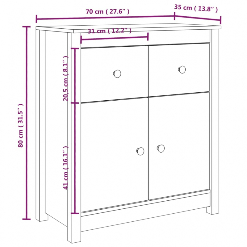 Sideboard Weiß 70x35x80 cm Massivholz Kiefer