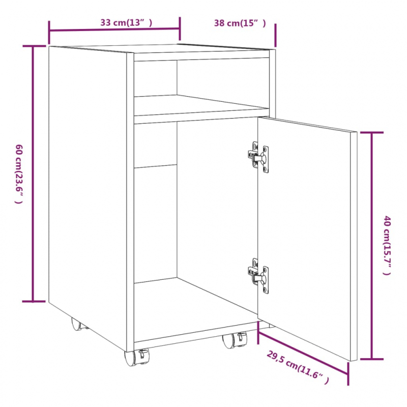 Beistellschrank mit Rollen Braun Eichen-Optik 33x38x60 cm