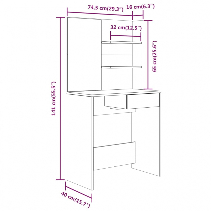 Schminktisch mit Spiegel Braun Eiche 74,5x40x141 cm