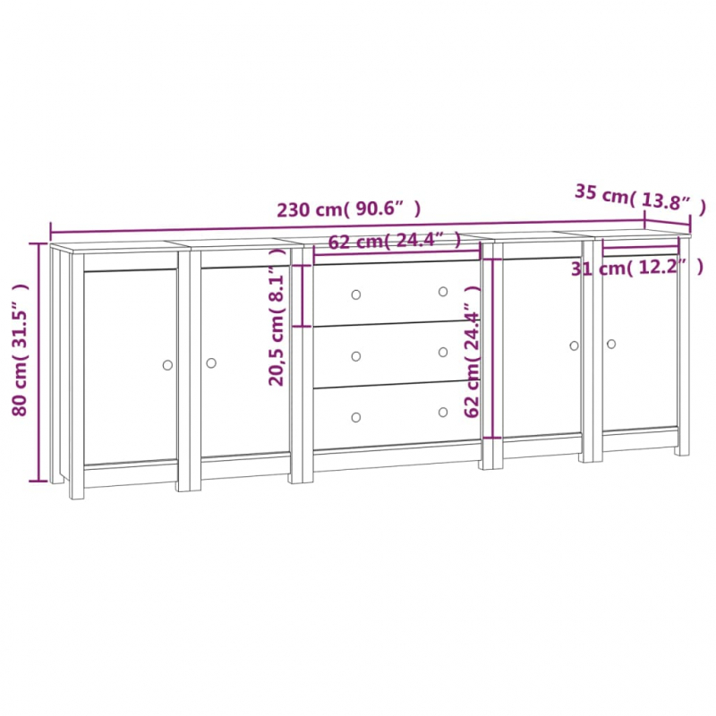 Sideboard 230x35x80 cm Massivholz Kiefer