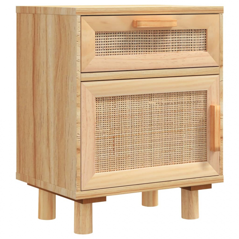 Nachttisch Braun Massivholz Kiefer und Natur-Rattan