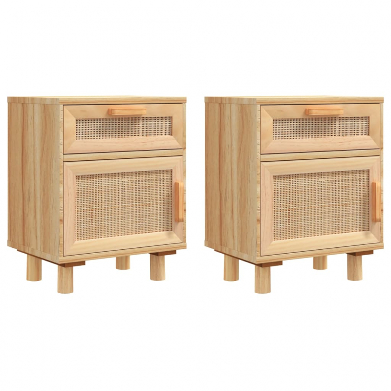 Nachttische 2 Stk. Braun Massivholz Kiefer und Natur-Rattan