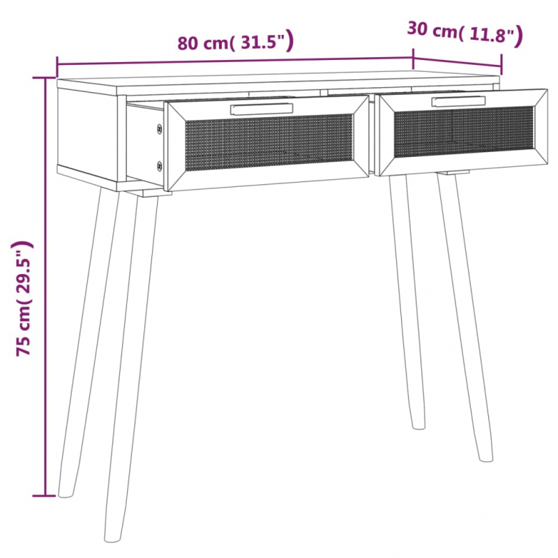 Konsolentisch Weiß 80x30x75 cm Massivholz Kiefer Natur-Rattan