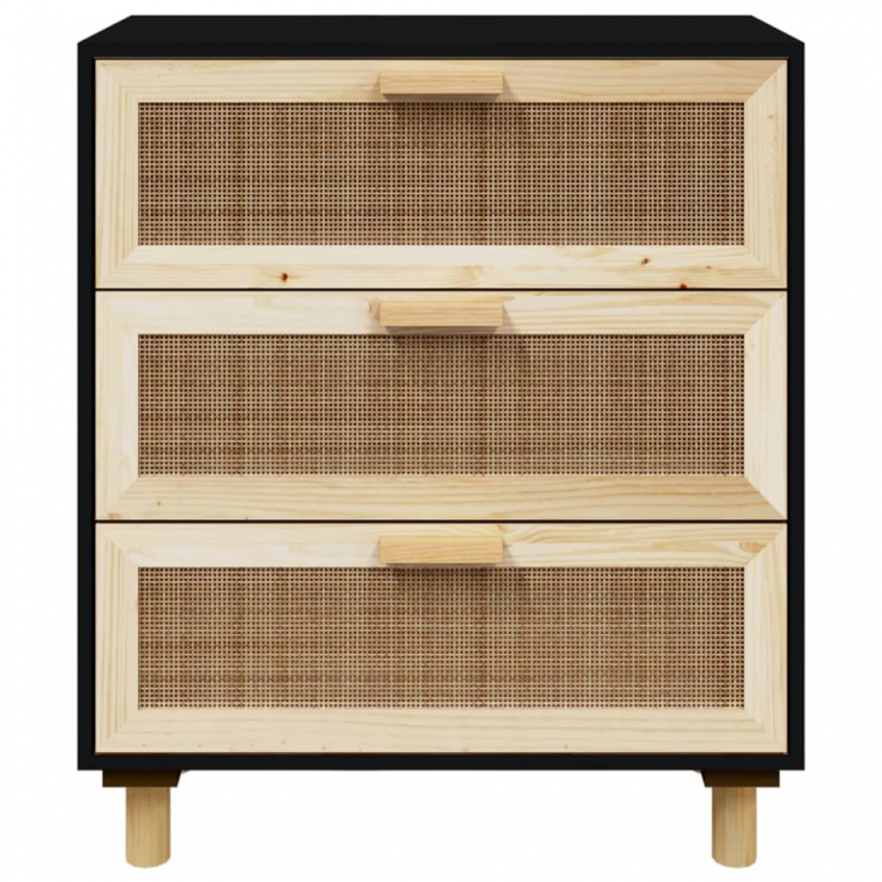 Sideboard Schwarz 60x30x70cm Massivholz Kiefer und Natur-Rattan