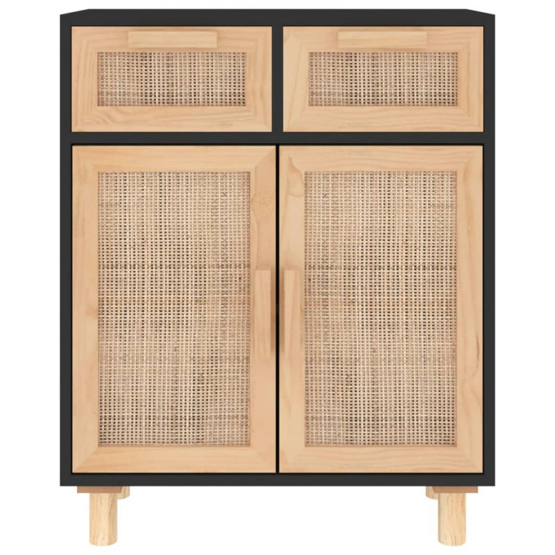 Sideboard Schwarz 60x30x75cm Massivholz Kiefer und Natur-Rattan