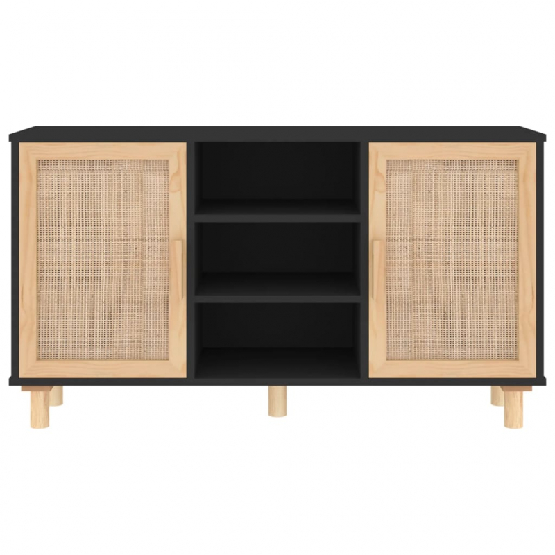 Sideboard Schwarz 105x30x60 cm Massivholz Kiefer Natur-Rattan