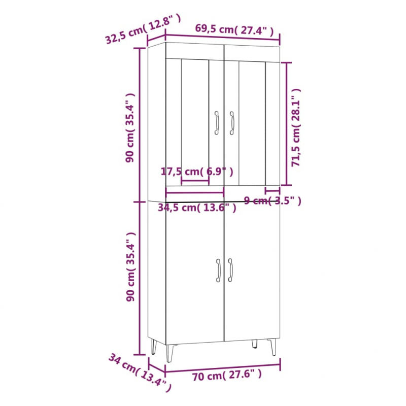 Highboard Räuchereiche 70x34x180 cm Holzwerkstoff