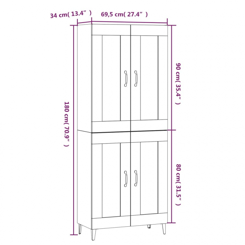 Highboard Hochglanz-Weiß 69,5x34x180 cm Holzwerkstoff