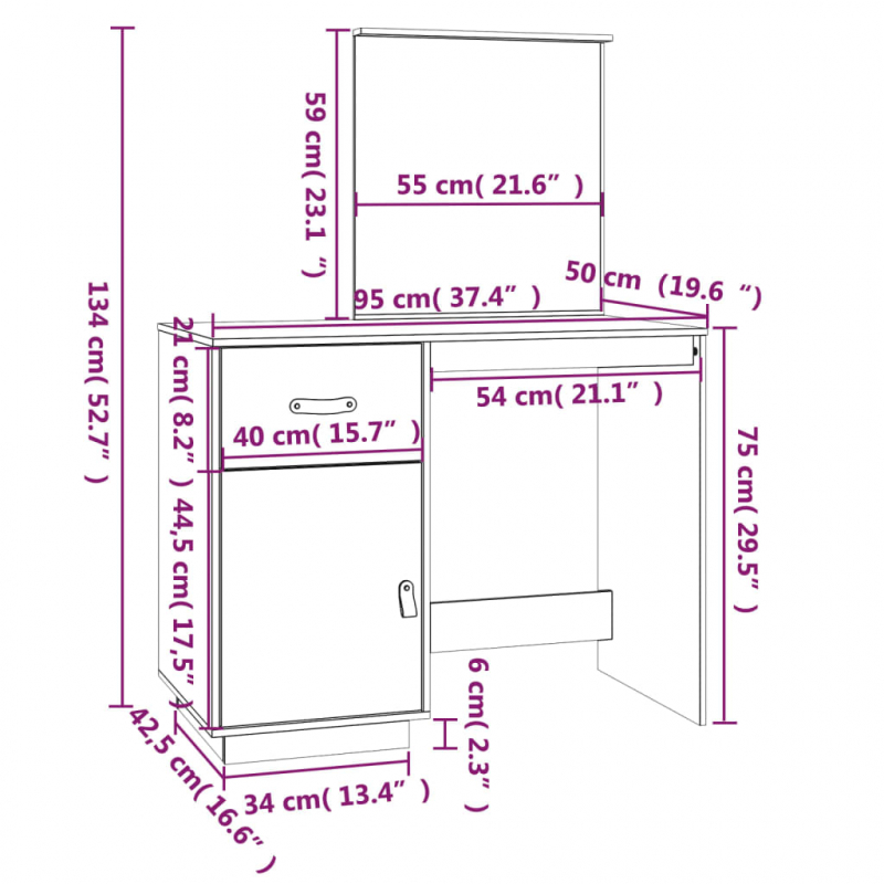 Schminktisch Grau 95x50x134 cm Massivholz Kiefer