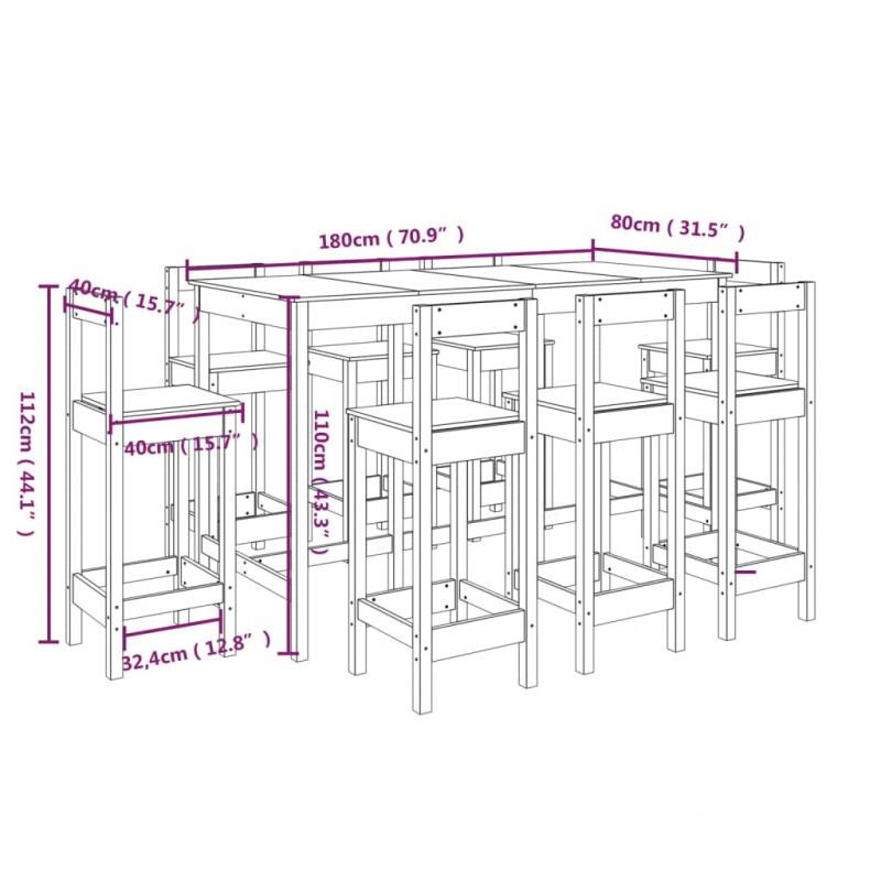 9-tlg. Bar-Set Massivholz Kiefer