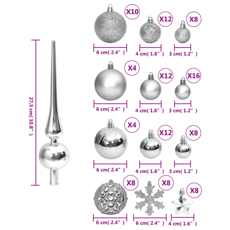 111-tlg. Weihnachtskugel-Set Silbern Polystyrol