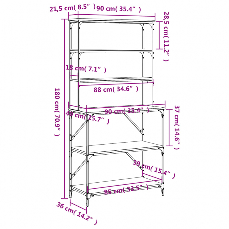Bäckerregal 6 Fächer Braun Eichen-Optik 90x40x180 cm