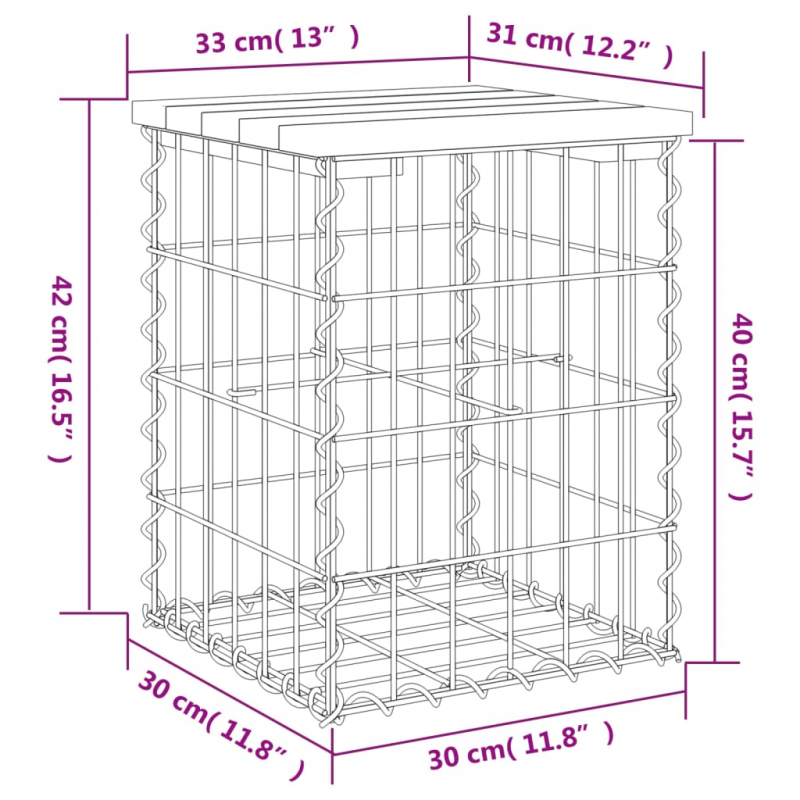 Gartenbank aus Gabionen 33x31x42 cm Massivholz Kiefer