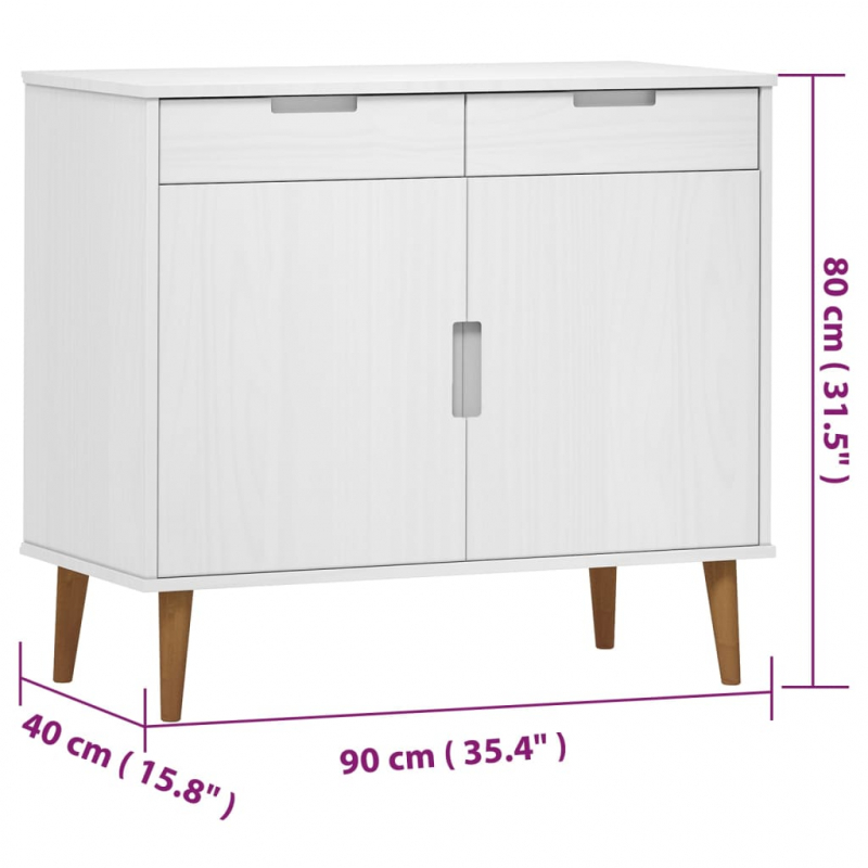 Sideboard MOLDE Weiß 90x40x80 cm Massivholz Kiefer