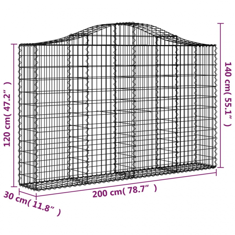 Gabionen mit Hochbogen 10Stk. 200x30x120/140cm Verzinktes Eisen