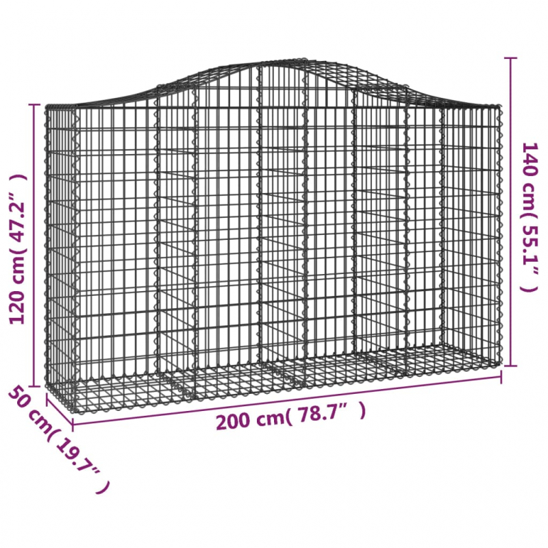 Gabionen mit Hochbogen 12Stk. 200x50x120/140cm Verzinktes Eisen