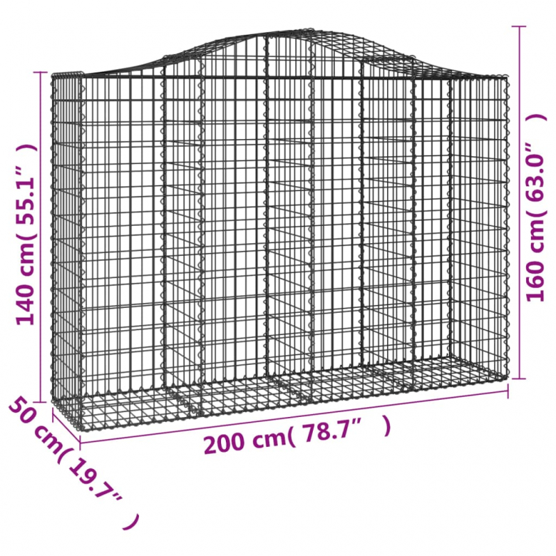 Gabionen mit Hochbogen 12Stk. 200x50x140/160cm Verzinktes Eisen