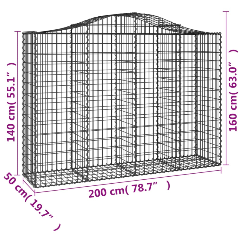 Gabionen mit Hochbogen 15Stk. 200x50x140/160cm Verzinktes Eisen