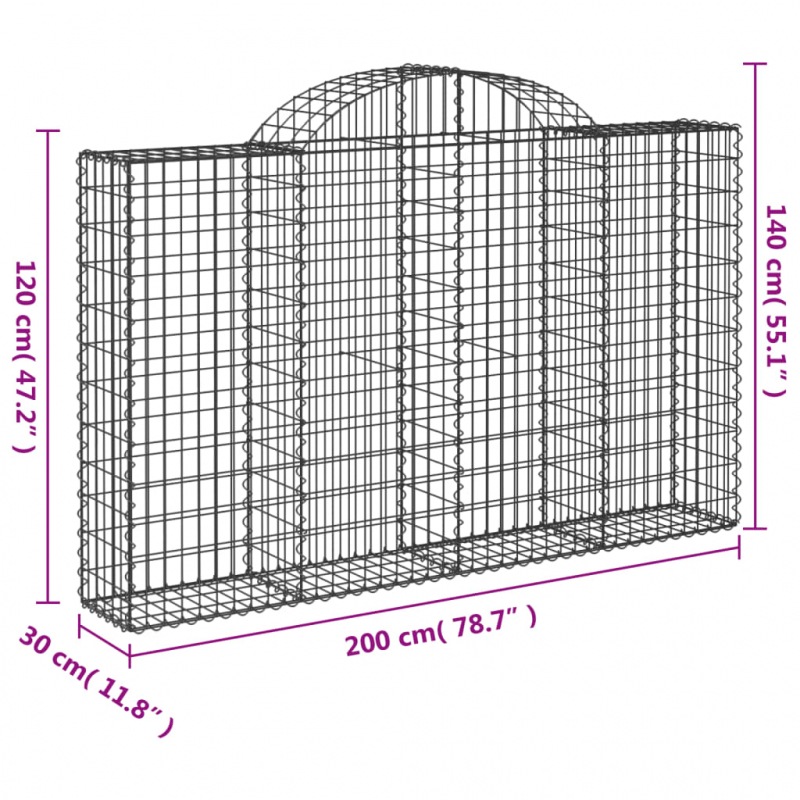 Gabionen mit Hochbogen 11Stk. 200x30x120/140cm Verzinktes Eisen