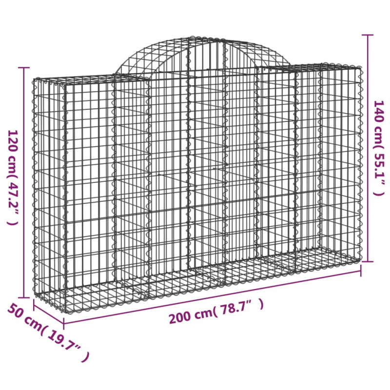 Gabionen mit Hochbogen 10Stk. 200x50x120/140cm Verzinktes Eisen