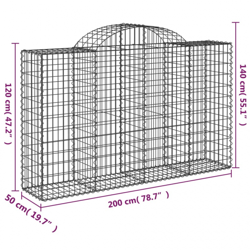 Gabionen mit Hochbogen 13Stk. 200x50x120/140cm Verzinktes Eisen