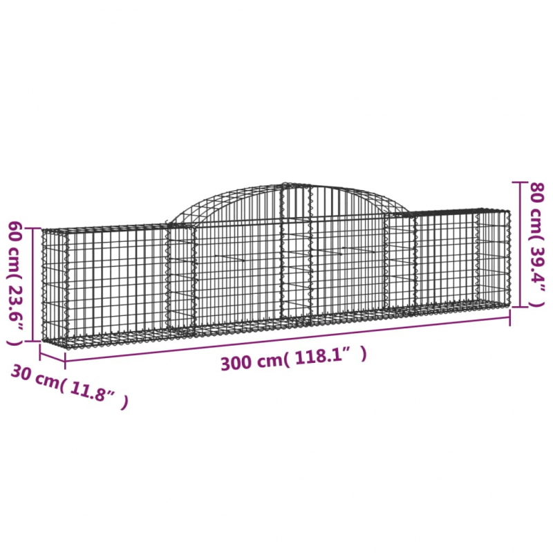 Gabionen mit Hochbogen 2 Stk. 300x30x60/80 cm Verzinktes Eisen