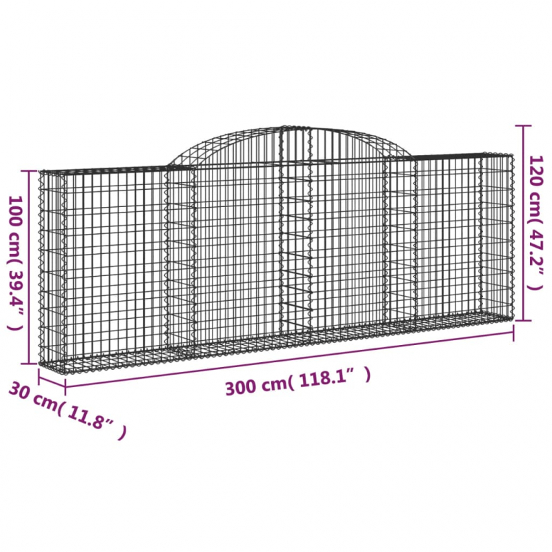 Gabionen mit Hochbogen 2 Stk. 300x30x100/120cm Verzinktes Eisen