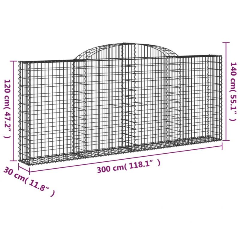 Gabionen mit Hochbogen 4 Stk. 300x30x120/140cm Verzinktes Eisen