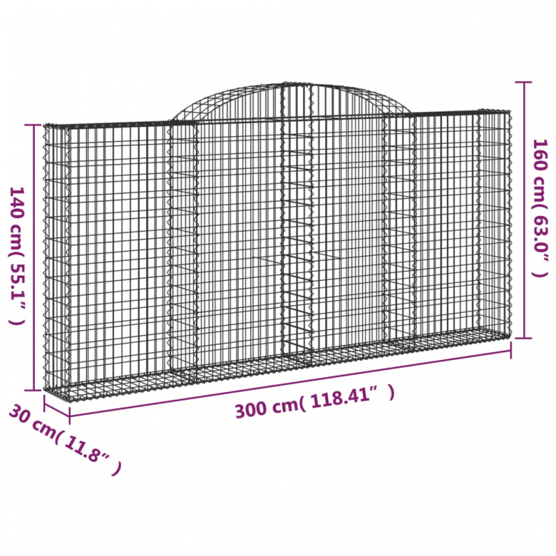 Gabionen mit Hochbogen 9 Stk. 300x30x140/160cm Verzinktes Eisen