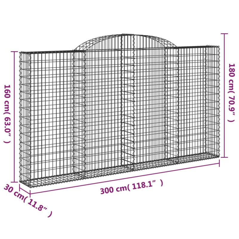 Gabionen mit Hochbogen 2 Stk. 300x30x160/180cm Verzinktes Eisen