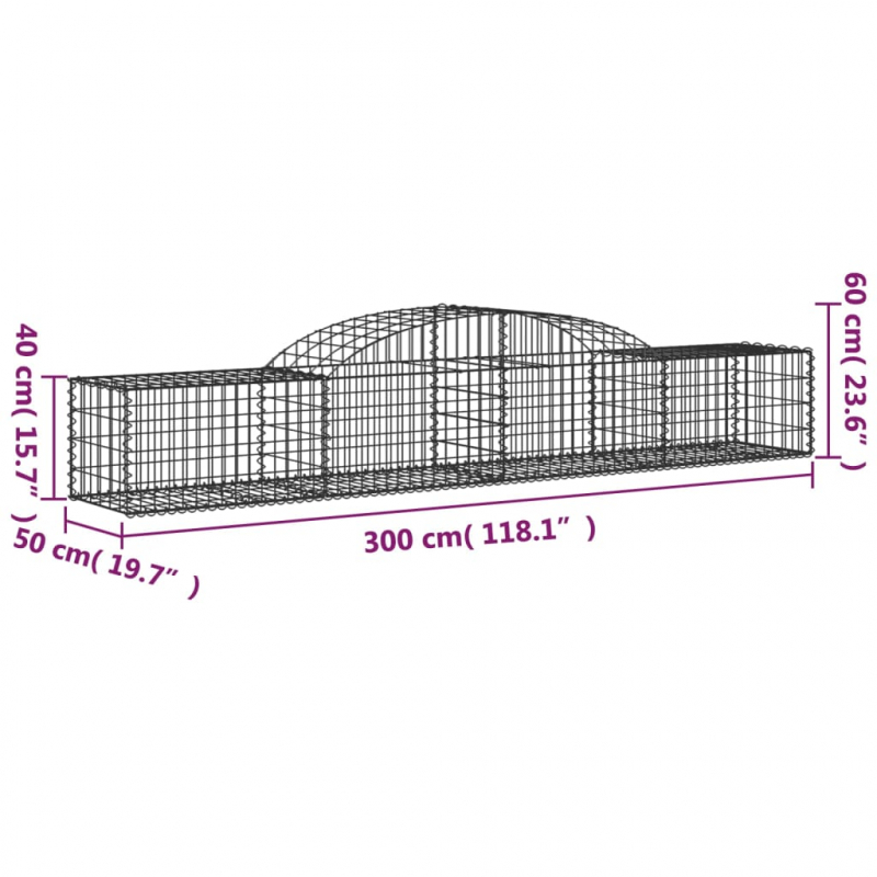 Gabionen mit Hochbogen 3 Stk. 300x50x40/60 cm Verzinktes Eisen