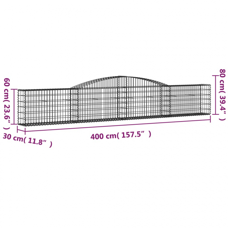 Gabionen mit Hochbogen 4 Stk. 400x30x60/80 cm Verzinktes Eisen