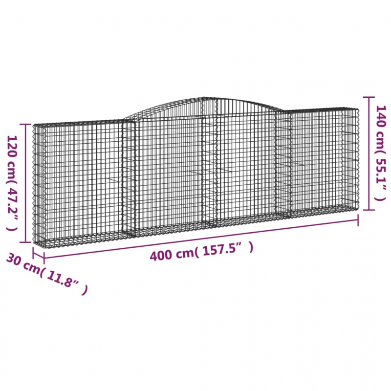 Gabionen mit Hochbogen 5 Stk. 400x30x120/140cm Verzinktes Eisen