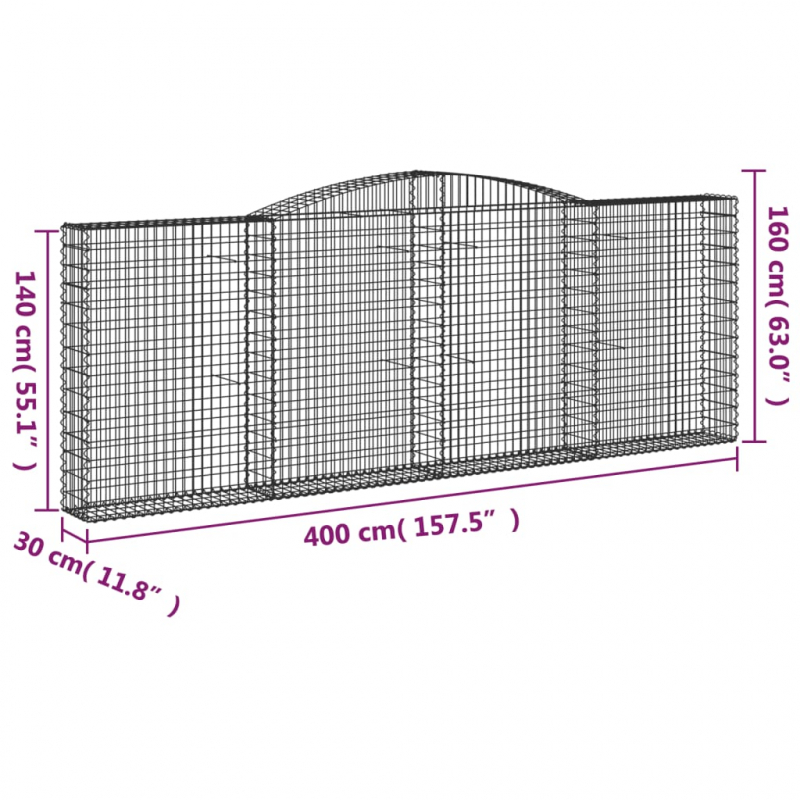 Gabionen mit Hochbogen 4 Stk. 400x30x140/160cm Verzinktes Eisen