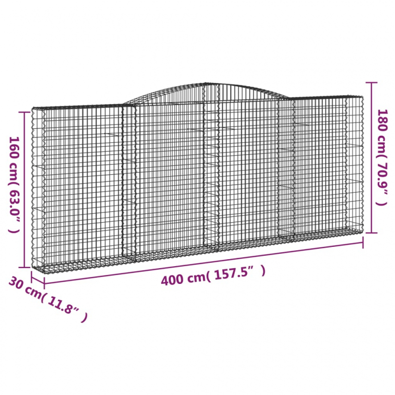 Gabionen mit Hochbogen 2 Stk. 400x30x160/180cm Verzinktes Eisen