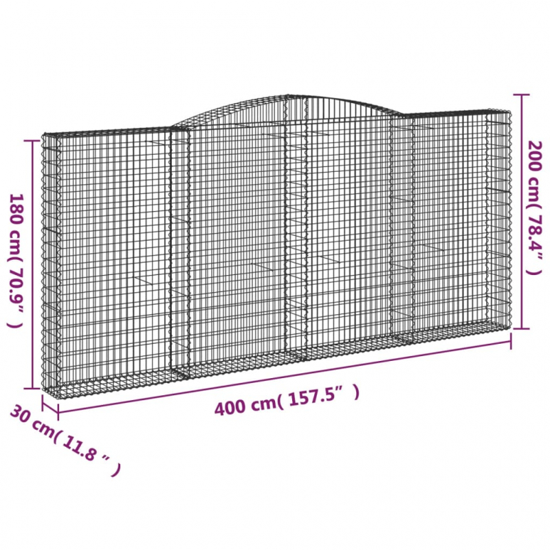 Gabionen mit Hochbogen 3 Stk. 400x30x180/200cm Verzinktes Eisen