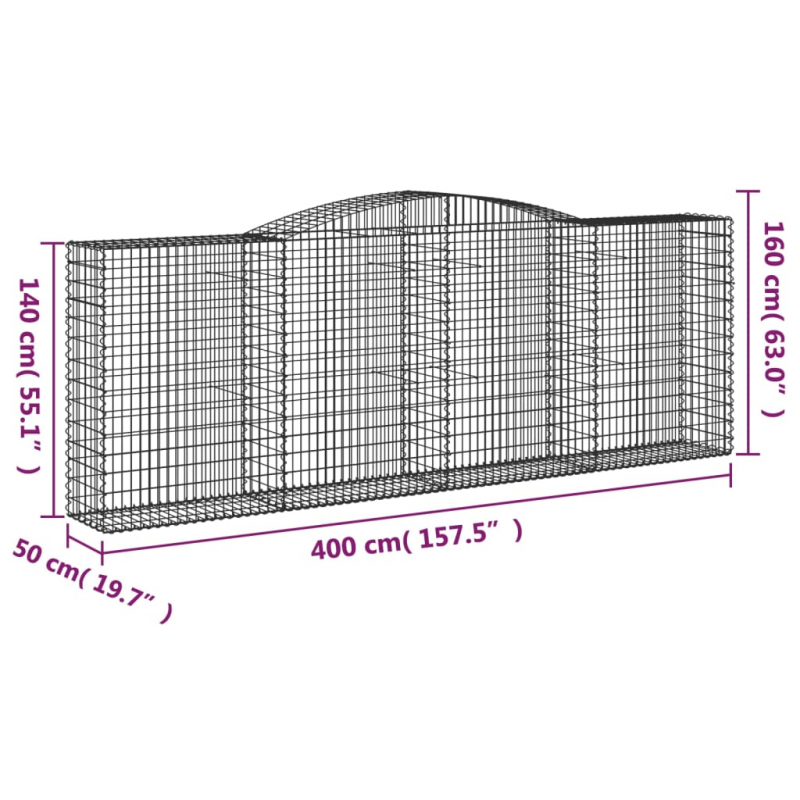 Gabionen mit Hochbogen 15 Stk 400x50x140/160cm Verzinktes Eisen