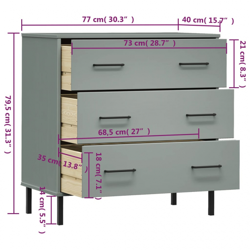 Sideboard OSLO mit 3 Schubladen Grau 77x40x79,5 cm Massivholz