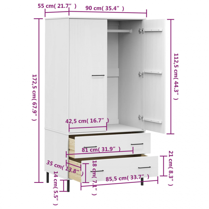 Kleiderschrank OSLO Metallbeine Weiß 90x55x172,5 cm Massivholz