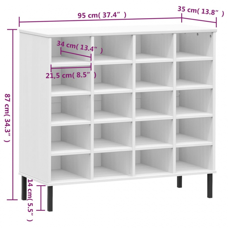 Schuhregal OSLO mit Metallbeinen Weiß 95x35x86 cm Massivholz