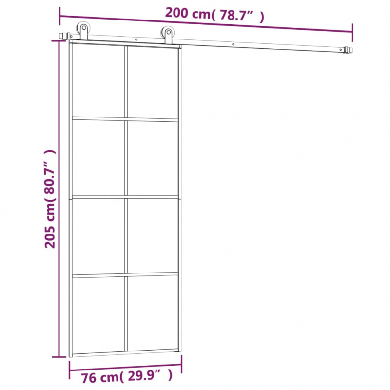 Schiebetür mit Beschlag 76x205 cm ESG-Glas & Aluminium