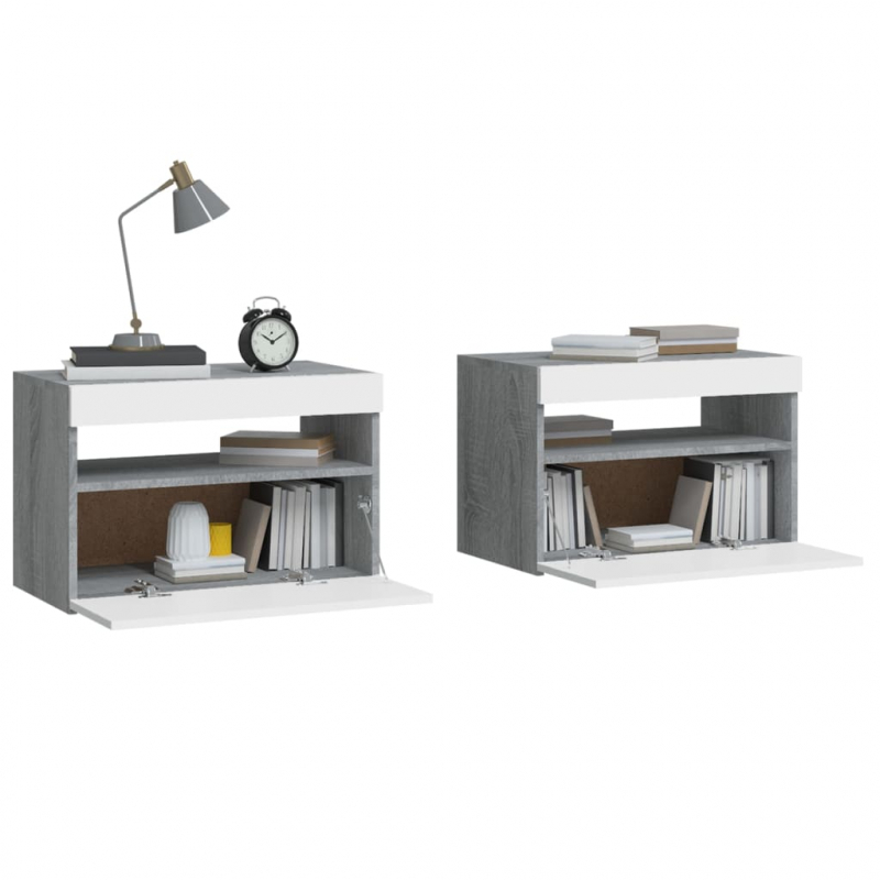 Nachttische 2 Stk. mit LED-Leuchten Grau Sonoma 60x35x40 cm